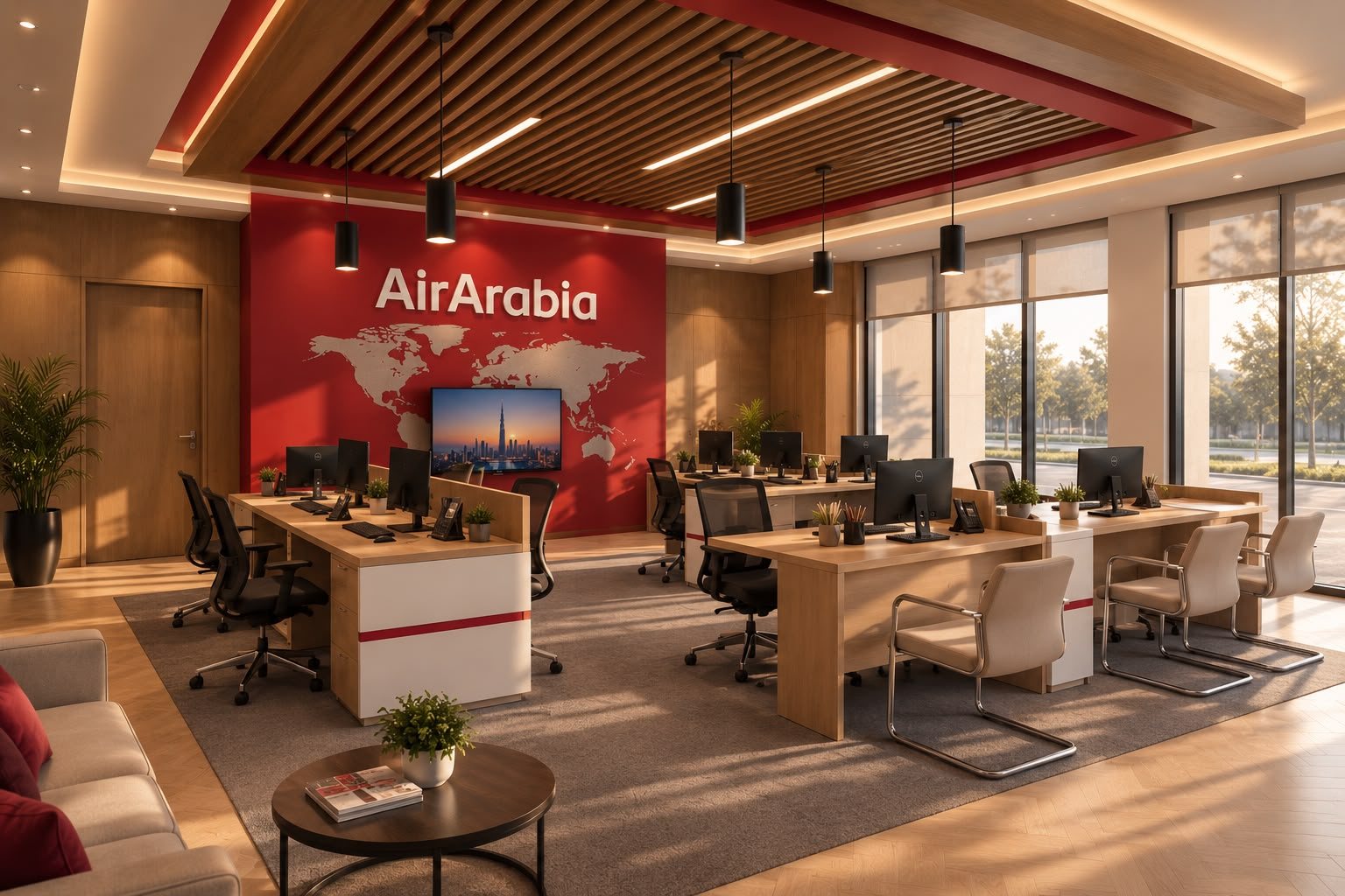 Air Arabia sales office with timber slat ceiling, red feature wall, wooden workstations and pendant lights
