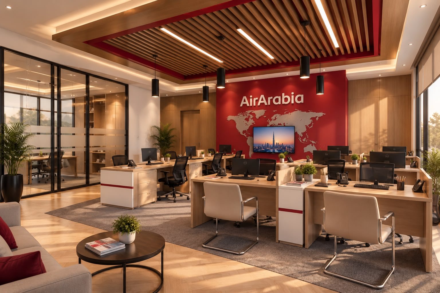 Air Arabia office with a glass-partitioned meeting room, open-plan wooden desks and a red brand wall