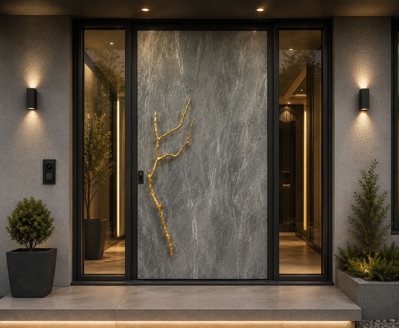 Villa entrance with a black aluminium frame, glass side panels and a stone-clad pivot door