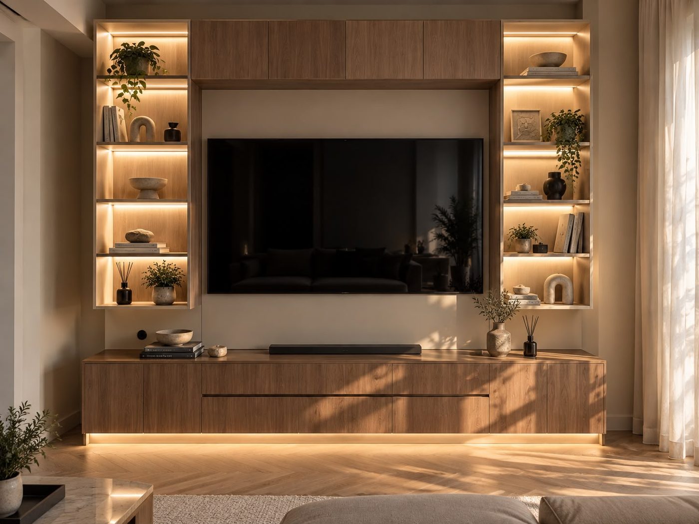 Walnut TV wall with lit display shelves on both sides and a floating media console