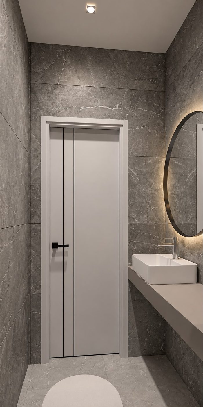 Light grey painted bathroom door with vertical groove lines in a marble-clad bathroom