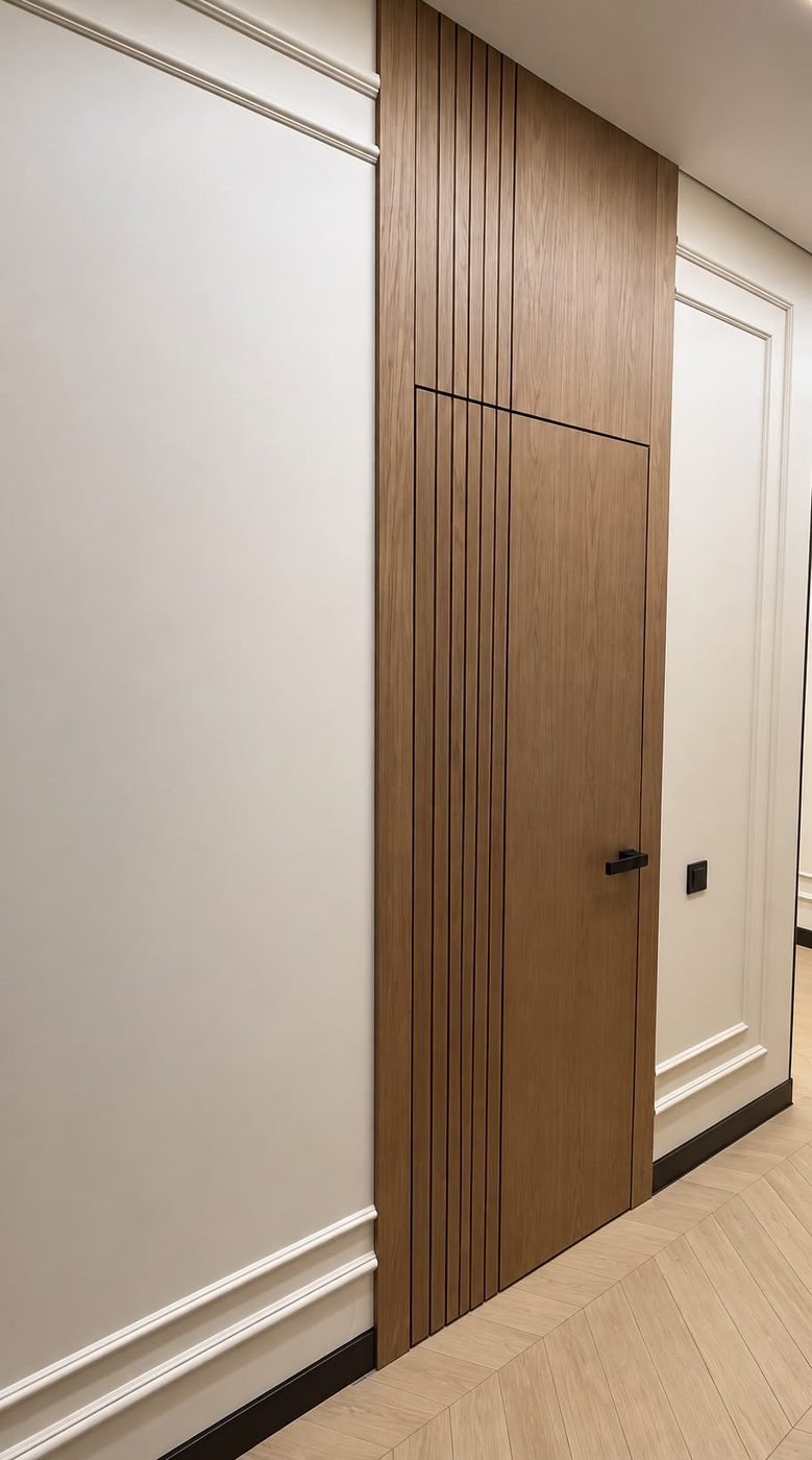 Flush wooden door concealed within a fluted slatted wall panel