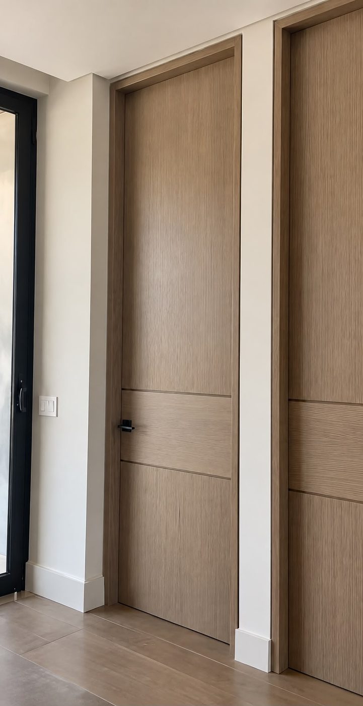 Light oak doors with a horizontal band detail and slim frames