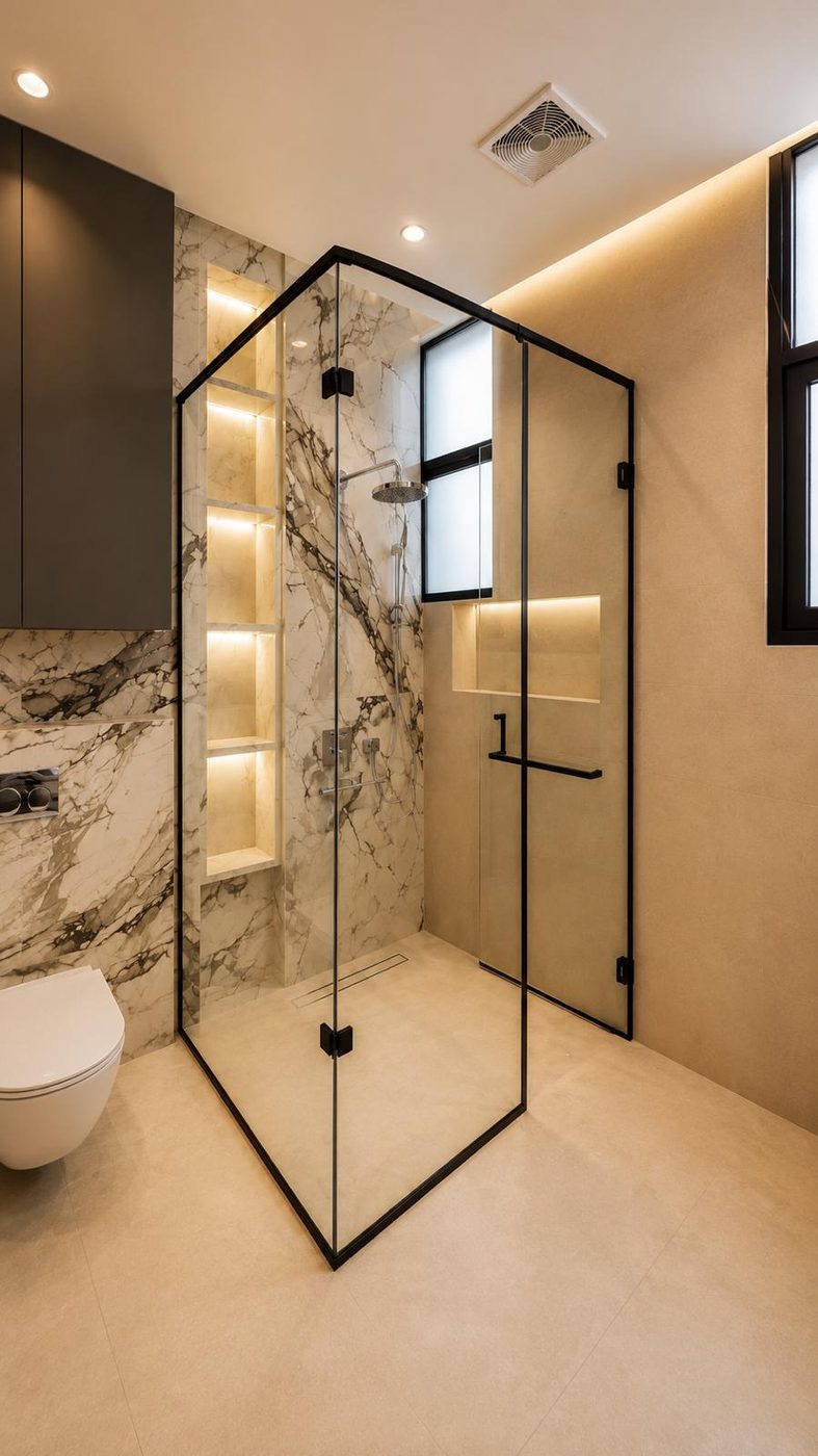 Glass shower enclosure with slim black trim beside a marble wall with lit shelving niches