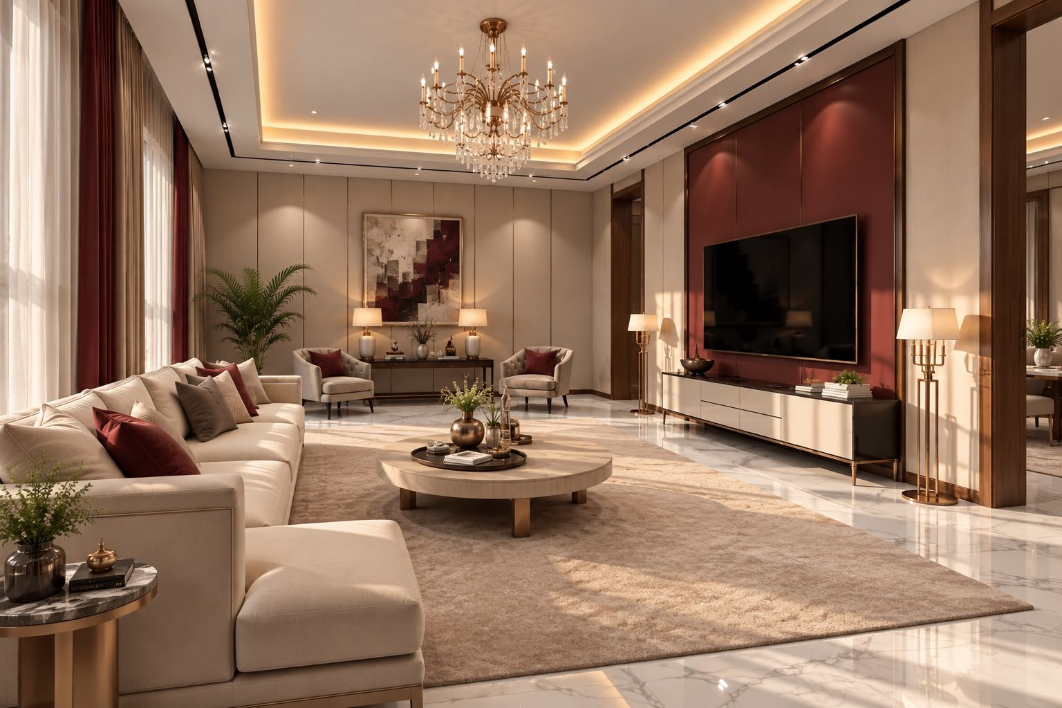 Living room with a burgundy panelled TV wall, cream sofas, crystal chandelier and cove-lit gypsum ceiling