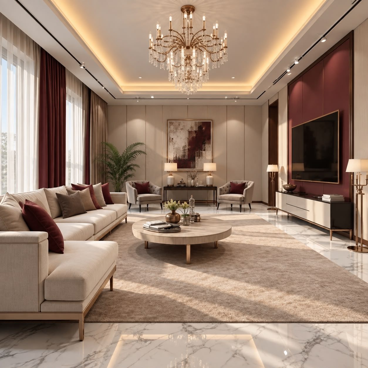 Full view of a living room with burgundy curtains and TV wall, cream sectional sofa, round coffee table and chandelier