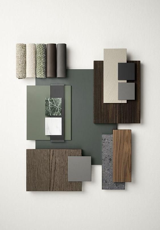 Material board with sage green, dark oak, stone and fabric samples