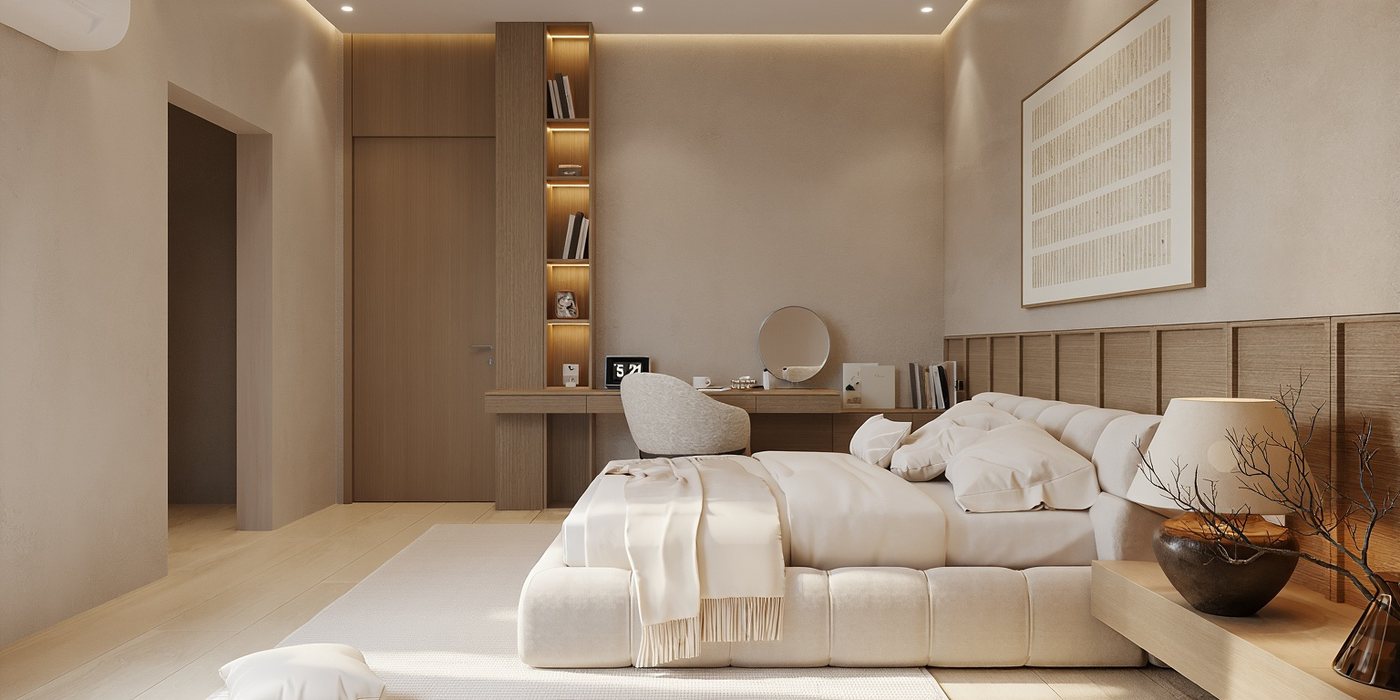 3D render of a bedroom with an oak headboard wall, built-in shelving and a study desk