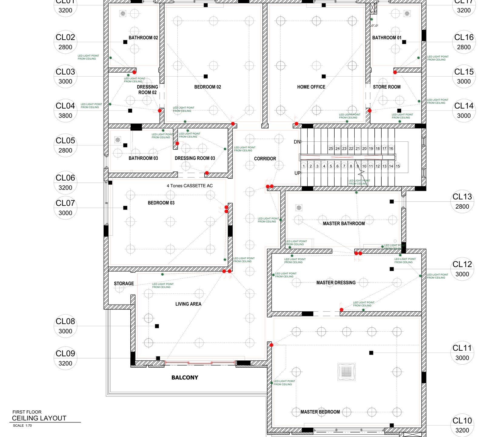 2D ceiling layout of a villa first floor with ceiling levels and light positions