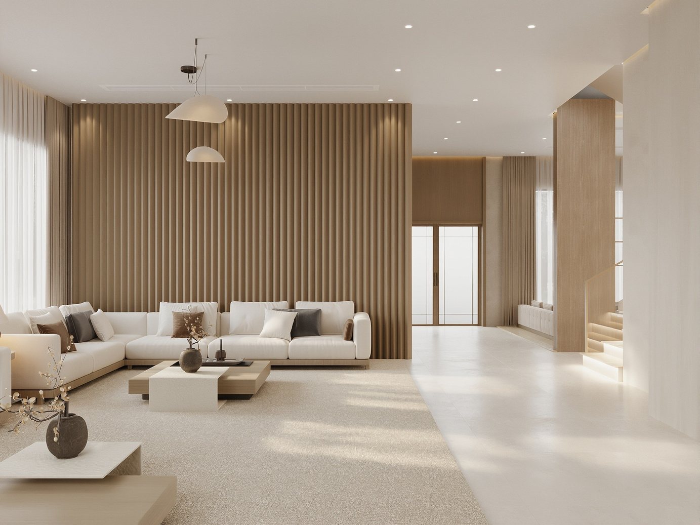 3D render of a villa entrance corridor with slatted oak screens, a sideboard and a pale stone floor