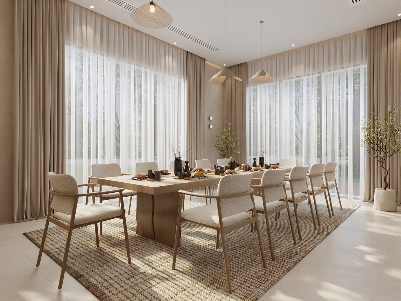 3D render of a villa dining room with an oak table and upholstered chairs beside tall garden windows