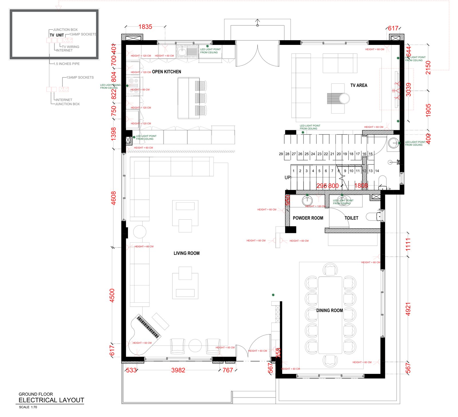 2D electrical layout of a villa ground floor showing socket and switch positions