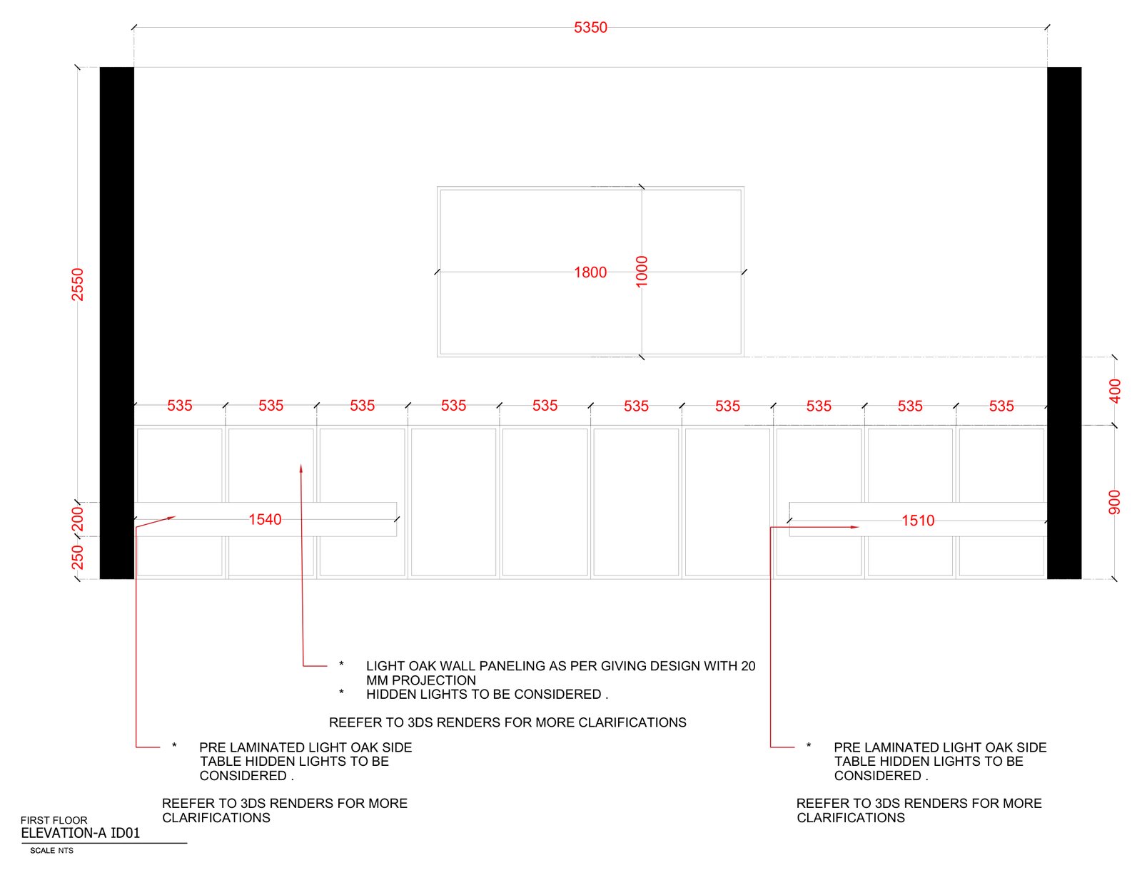 Dimensioned working drawing of an oak wall panelling elevation with built-in side tables and hidden lighting notes