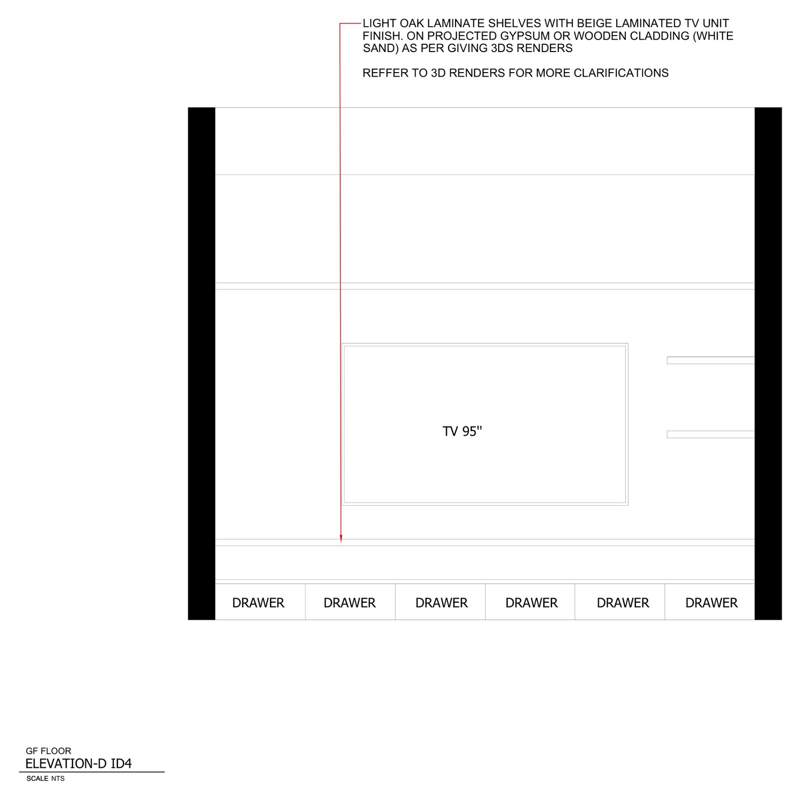 Dimensioned working drawing of a TV wall elevation with shelving and a row of drawers