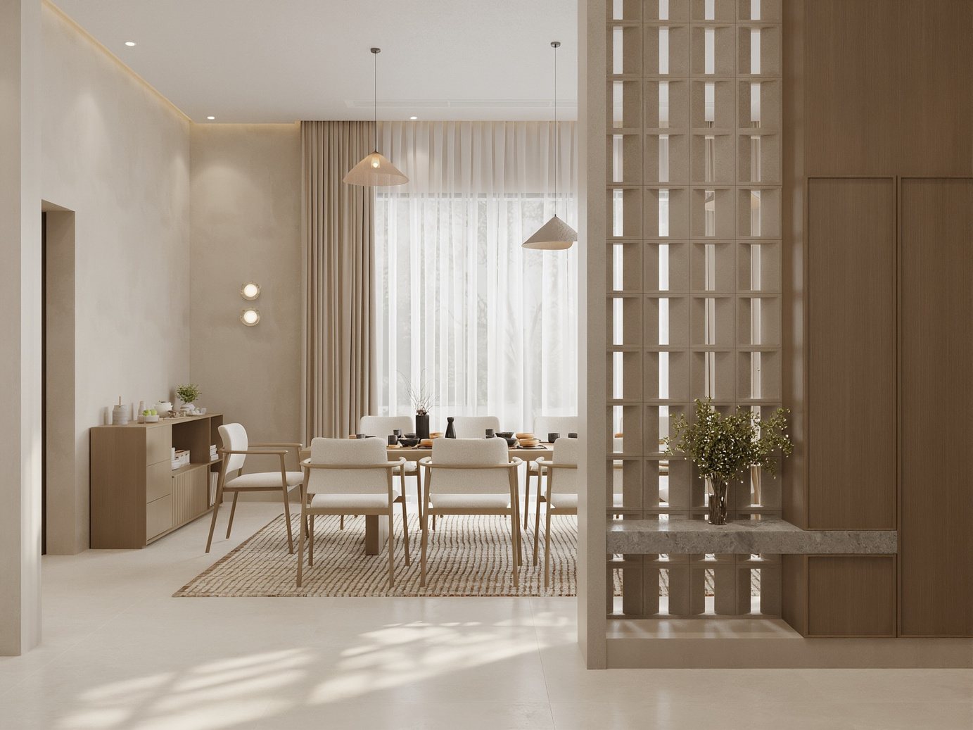 3D render of a villa entrance with a slatted oak screen, console shelf and a view through to the dining area
