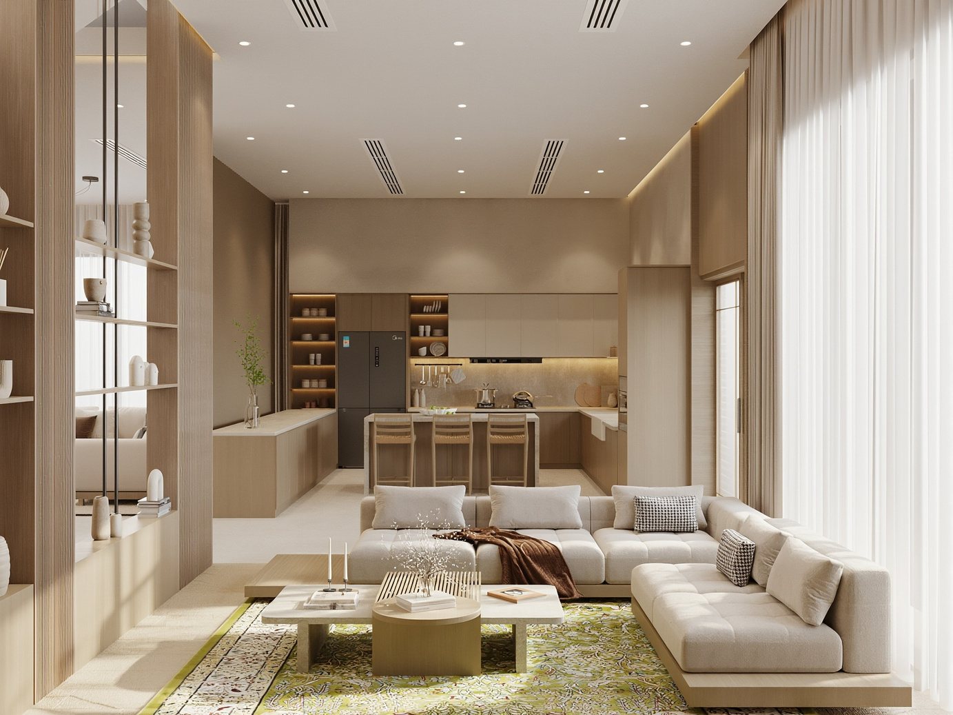 3D render of a family room opening onto the kitchen, divided by open oak shelving