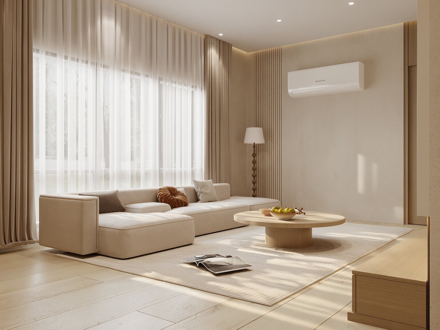 3D render of an upstairs sitting area with a low sofa, round coffee table and sheer curtains
