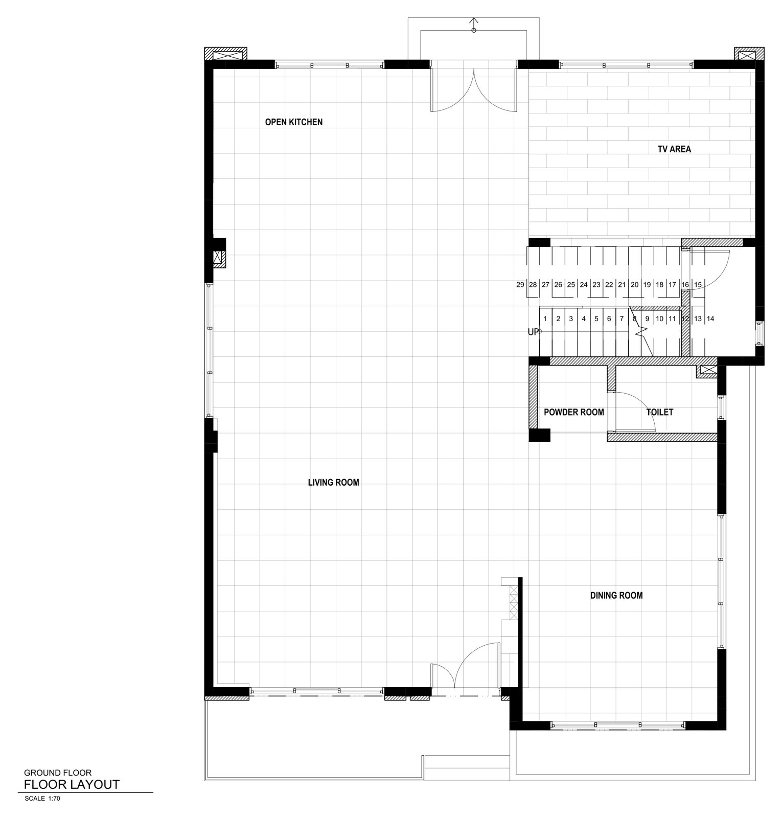 2D flooring layout drawing of a villa ground floor showing the tile setting-out