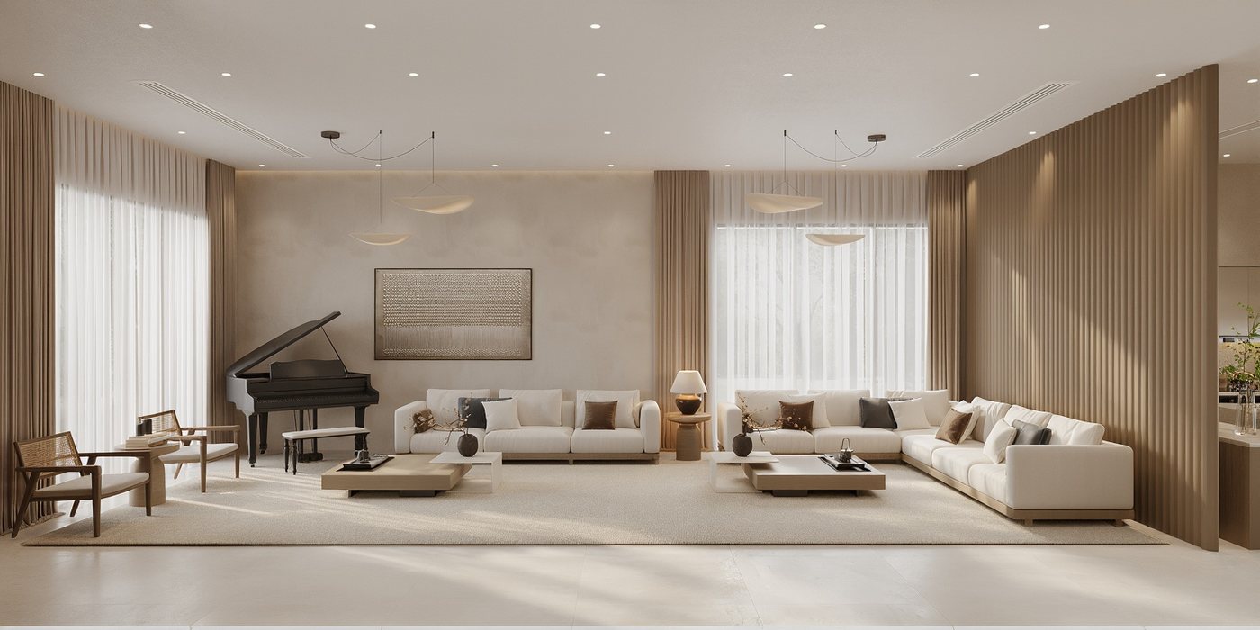 Wide 3D render of an open-plan villa living room with sofas, a piano corner and full-height curtains