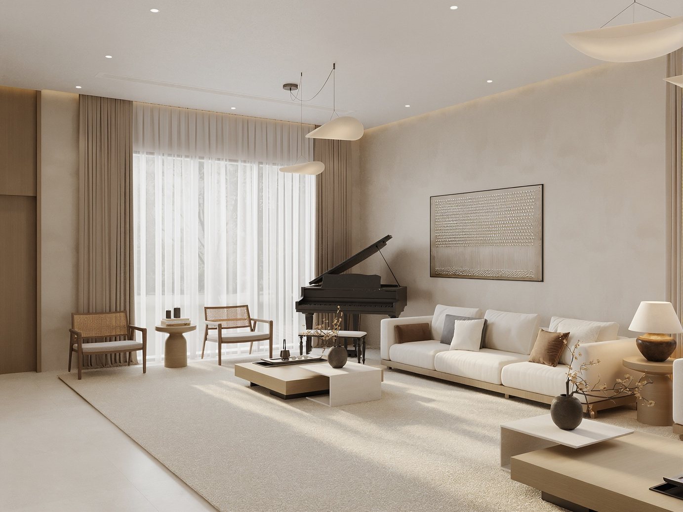 3D render of a bright villa living room in soft neutrals with a piano corner, low sofas and sheer curtains