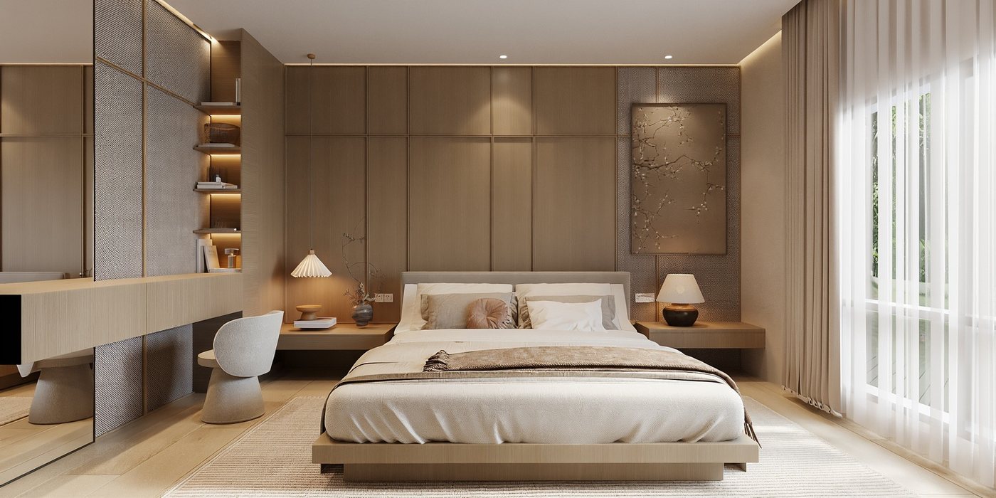 3D render of a master bedroom with a panelled oak wall, lit niches and a low upholstered bed